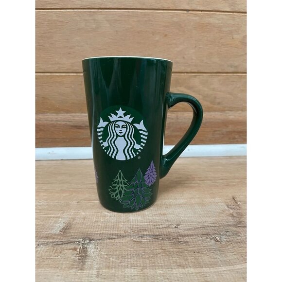 NWOT Starbucks 16oz Green Ceramic Mug With Purple Trees - Picture 1 of 5